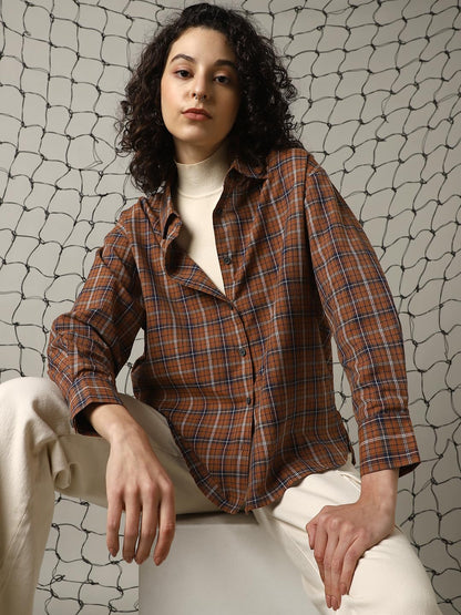 Hubberholme Women Cotton Check Oversized Fit Spread Collar Full Sleeves Shirts