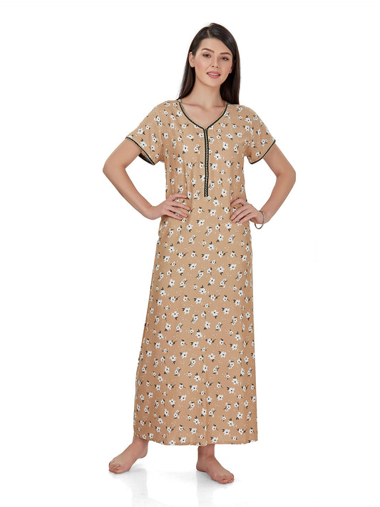 Evolove WomenS Viscose Liva Long Maxi Night Gown Nighty Dress With Pocket & Zipper, Super Soft Comfortable (Bud Brown, Lngco154