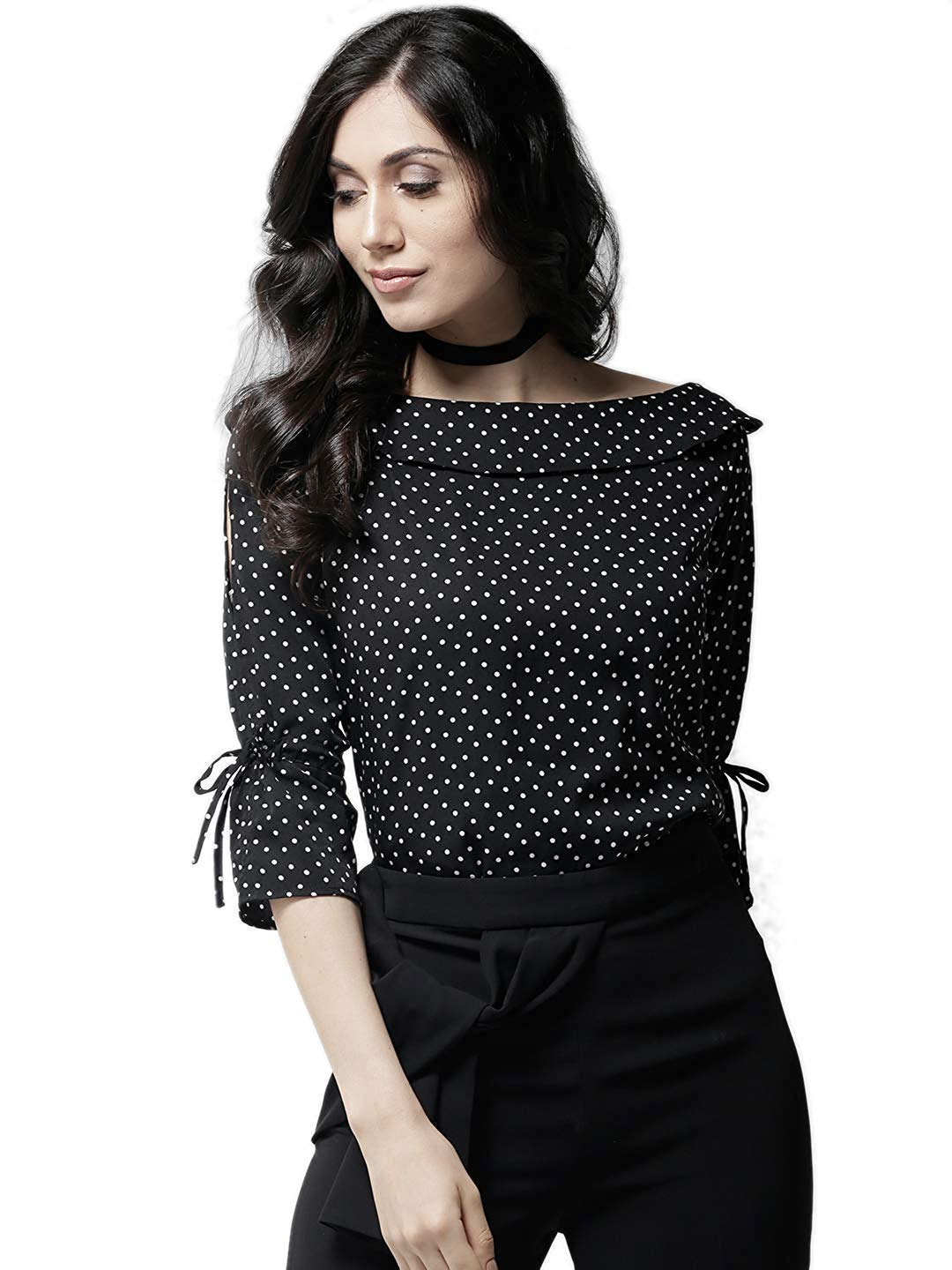 Style Quotient Women Black and White Polka Printed polycrepe Smart Casual top