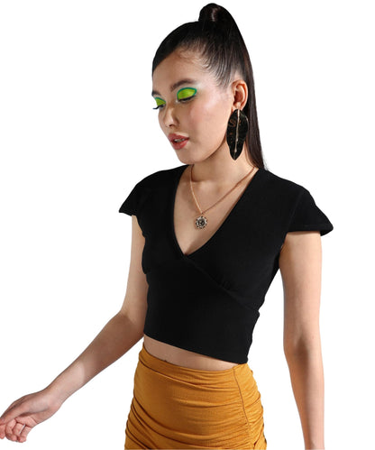 POPWINGS Women Casual Self Design Black Deep V Neck Mega Sleeve Crop Top