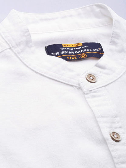 The Indian Garage Co Men White Solid Slim Fit Linen Casual Shirt