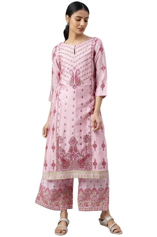 W for Woman Pink Glitter Printed Shantung Kurta