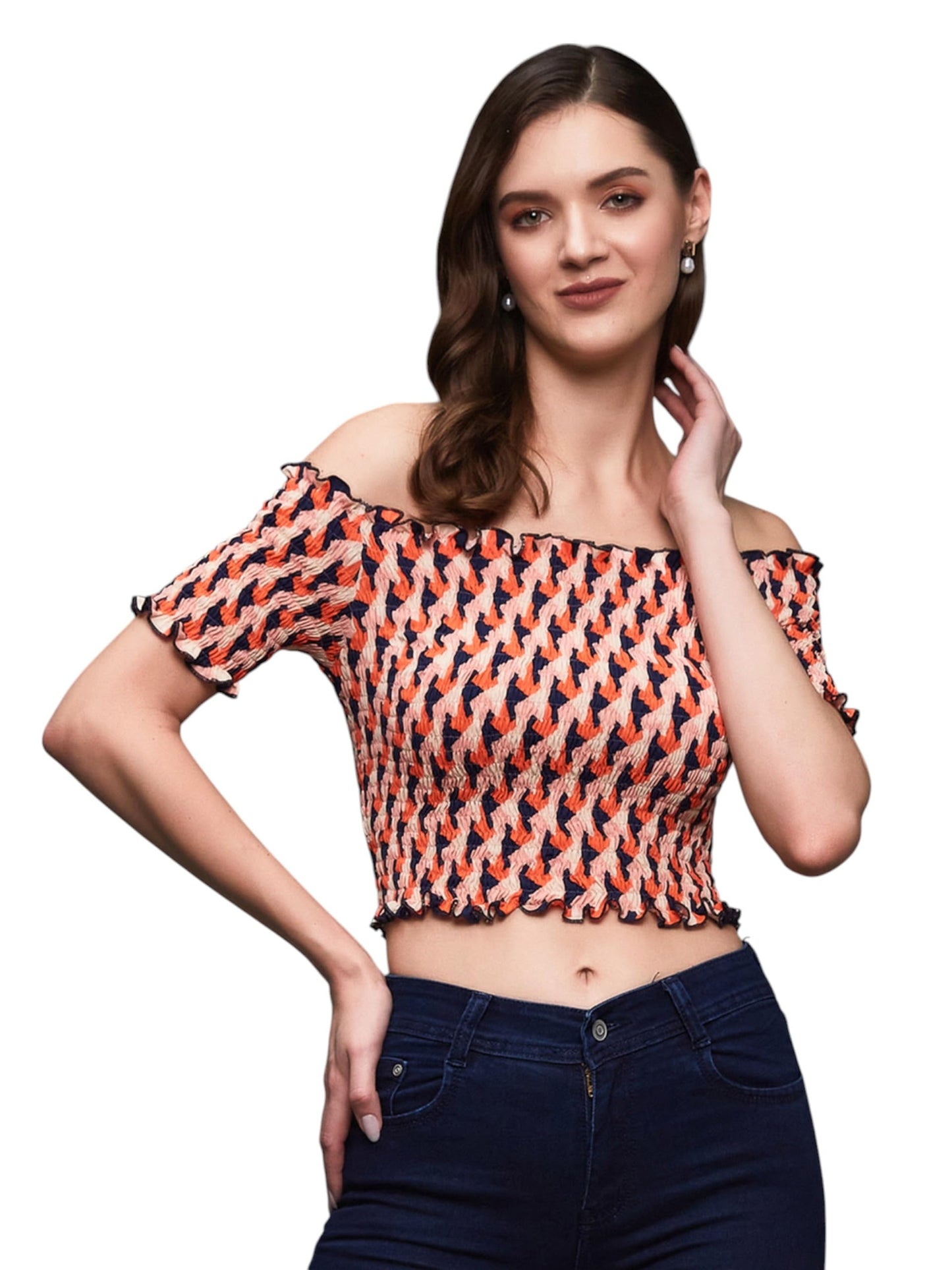 Miss Chase Womens Half Sleeve Geometric Patterned Off Shoulder Smocked Crepe Crop Top (MCSS23TP14-26-301-05, Orange and Navy, L
