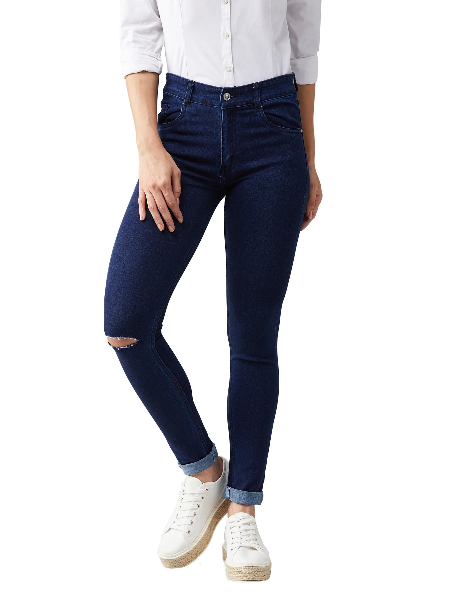 Dolce Crudo Womens Skinny Fit Mid Rise Regular Length Knee Slit Denim Stretchable Jeans (DOAW23DEN98-36-71-34, Navy Blue, 34)