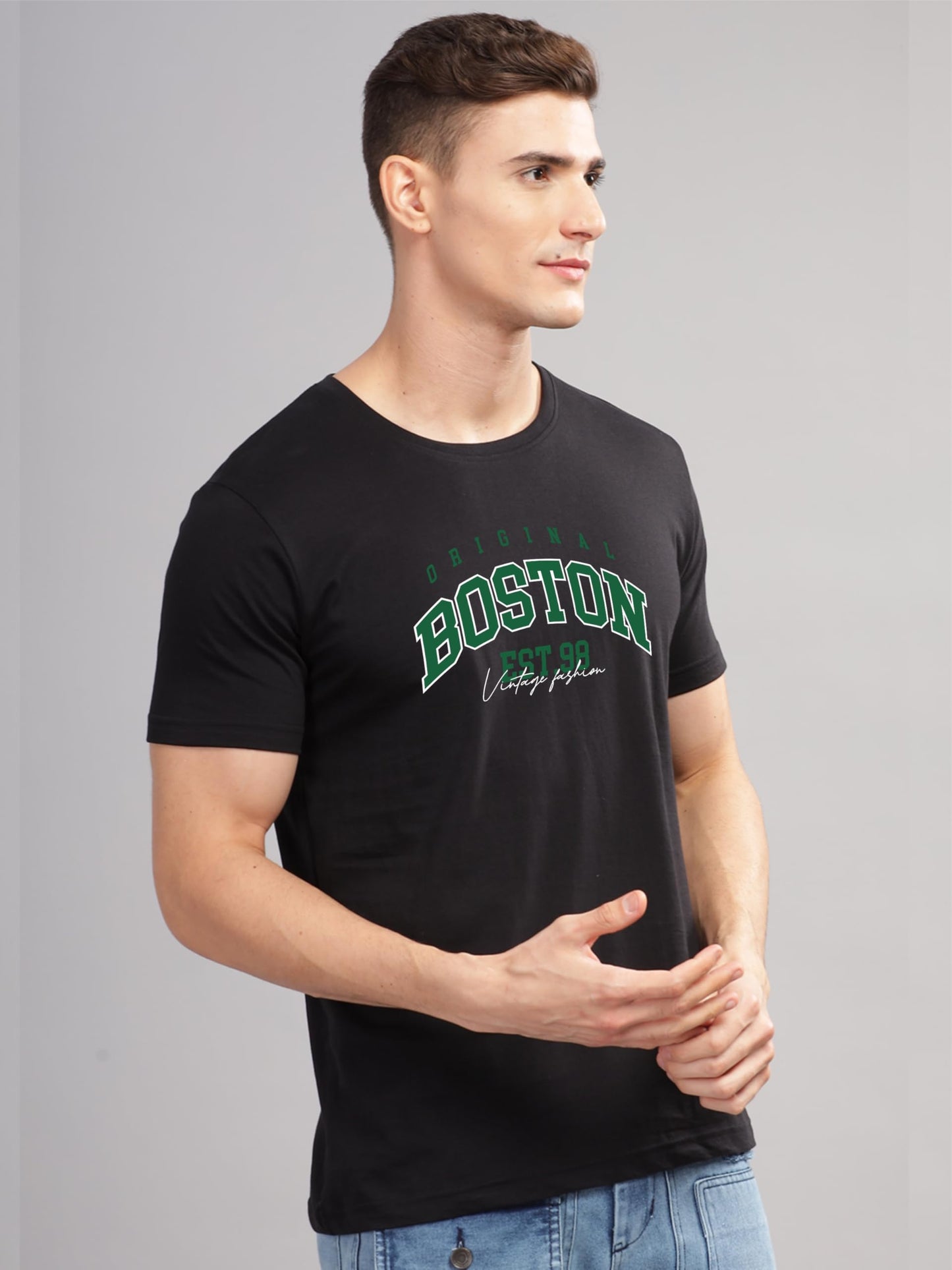 ADRO Mens Printed T Shirt - Premium Cotton Graphic Printed Tshirt - Black T-Shirt - RN24-BOST-BL