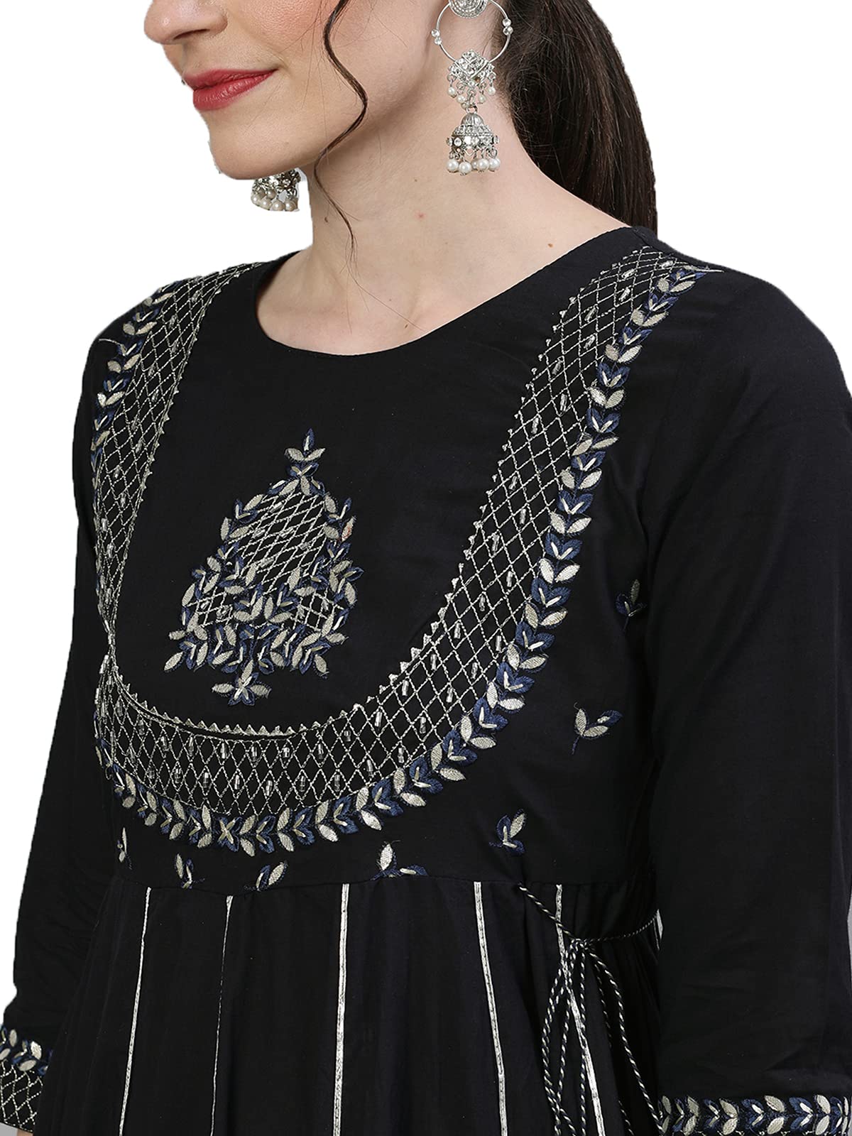 ishin Women's Cotton Anarkali Embellished Beads and Stones Ethnic Motifs Print Blue Kurti