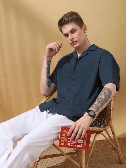 Dennis Lingo Men Relaxed Fit Blue Half Sleeves Polyester Casual Shirt