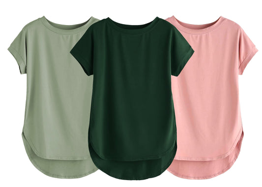 Fabricorn Combo Of Three Plain Bottle Green, Sage Green And Dusty Rose Round Neck Up And Down Cotton Tshirt For Women (Bottle Gr