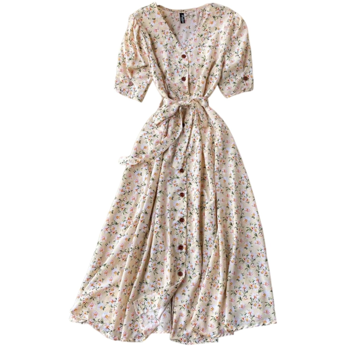 Gufrina Dresses For Women Half Sleeve || Floral Print || V-Neck And Puff Sleeves || Front Open Button & Tie-Up || Midi Dress (Be