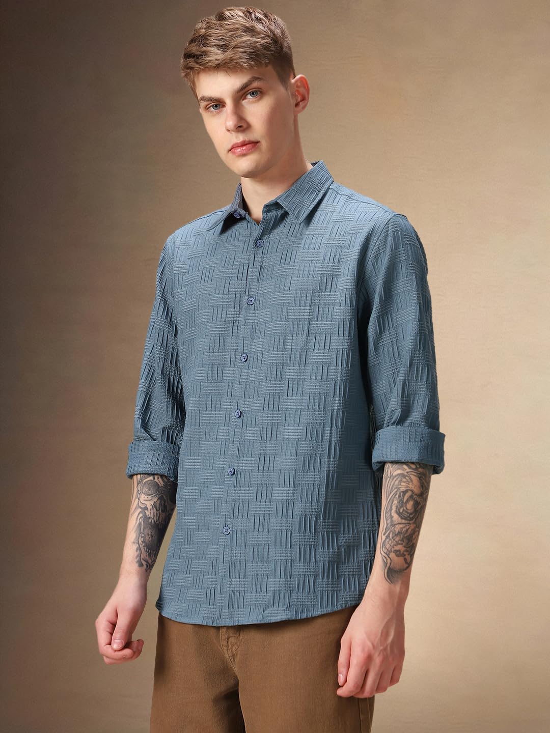 Dennis Lingo Regular Fit Full Sleeves Spread Collar Textured Men Shirt Blue