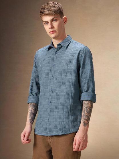 Dennis Lingo Regular Fit Full Sleeves Spread Collar Textured Men Shirt Blue