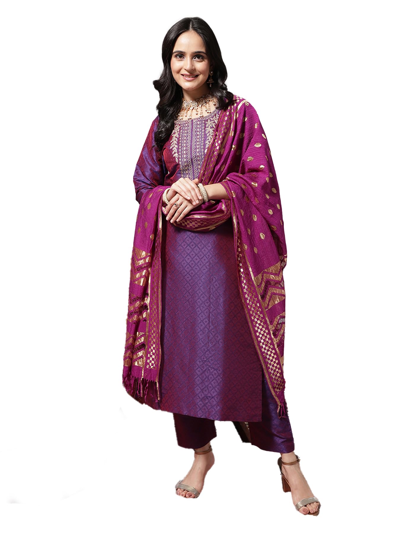 Varanga Women Violet Zari Embroidered Kurta With Three-Quarter Sleeves, Round Neck, Paired With Tonal Bottom And Dupatta