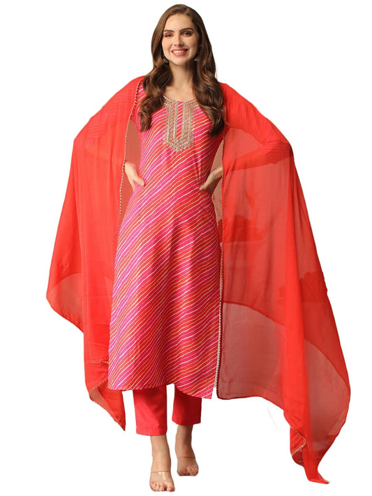 Gosriki WomenS Cotton Blend Embroidered Straight Kurta With Pant & Dupatta (Nini-Multi-Nd-Gs_Xl_Multi_X-Large) Multicolour