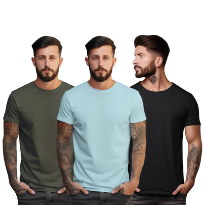 Peppyzone S to 5XL Cotton Round Neck Tshirt for Men - 100% Cotton, Half Sleeve, Combo Pack of 3 T Shirts for Men (in, Alpha, L,