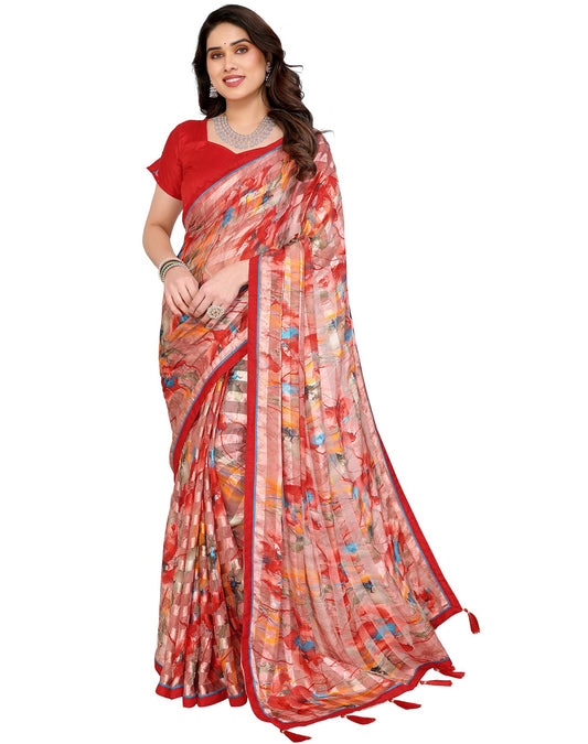 Yashika Womens Printed Georgette Satin Saree with Lace Border and Blouse Material (AZ-YS-P1-SUJATA RED)