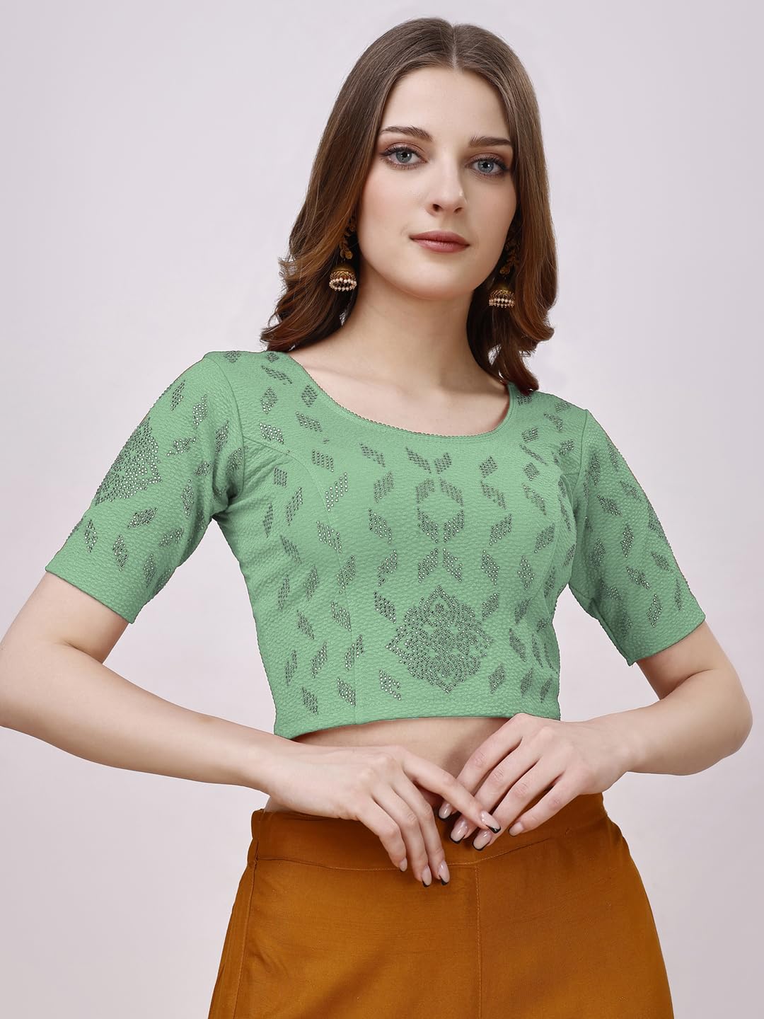 Vihu Fashion Womens Readymade Hosiery Lycra Stretchable Round Neck Half Sleeve Blouse with swaroski Work Fancy Lycra Stretchabl