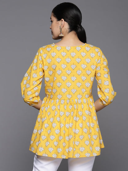 Libas Womens Pure Cotton Printed A-Line Kurtis (26142_Yellow