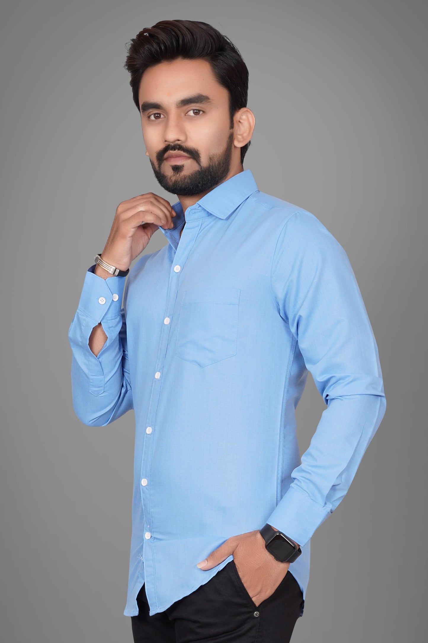 Besix MenS Cotton Blend Solid Shirt With Spread Collared Full Sleeve Button Closure Curved Hem Straight Length And One Pocket |