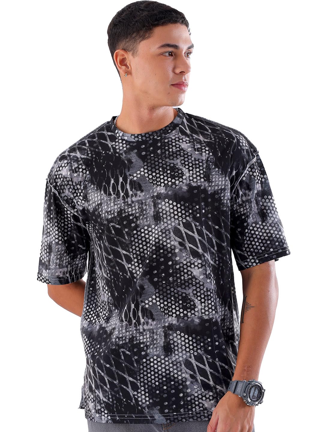 The Indian Garage Co Men Oversized Metaverse Round Neck Tshirt Grey