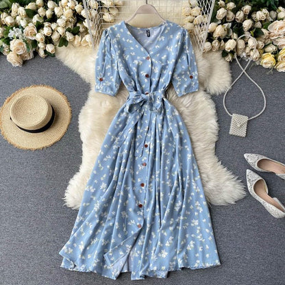 Gufrina Dresses For Women Half Sleeve || Floral Print || V-Neck And Puff Sleeves || Front Open Button & Tie-Up || Midi Dress (Aq
