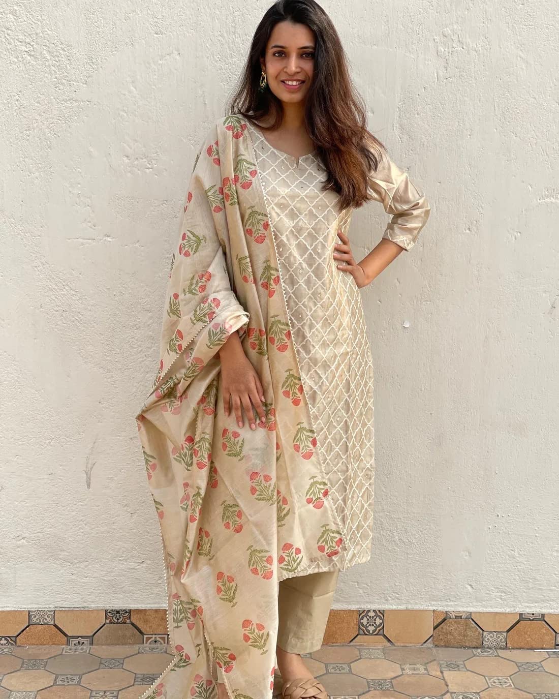 GoSriKi Womens Cotton Blend Embroidered Straight Kurta with Pant & Dupatta (MYSURU-Cream_S-GS_Cream_Small)