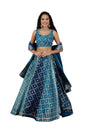 Aurelia Women's Blue Printed Zari Embroidered Crop Top, Brocade Flared Skirt and Dupatta Set