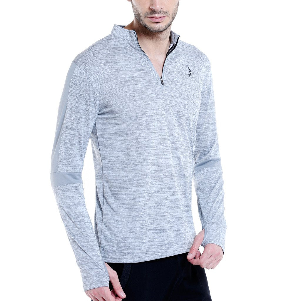 Campus Sutra Mens Light Grey Heathered Activewear T-Shirt for Casual Wear | Dri-Fit | Mock Neck | Long Sleeve | Zipper Closure
