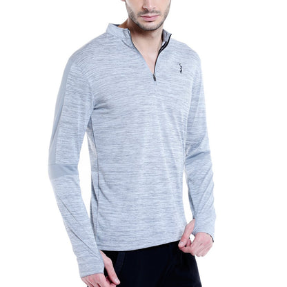 Campus Sutra Mens Light Grey Heathered Activewear T-Shirt for Casual Wear | Dri-Fit | Mock Neck | Long Sleeve | Zipper Closure