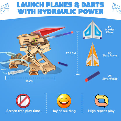 Smartivity 2in1 Hydraulic Airplanes & Darts Launcher STEM Toy for Kids 6-14, Engineered Wood, Multi Color, Model SMRT1163