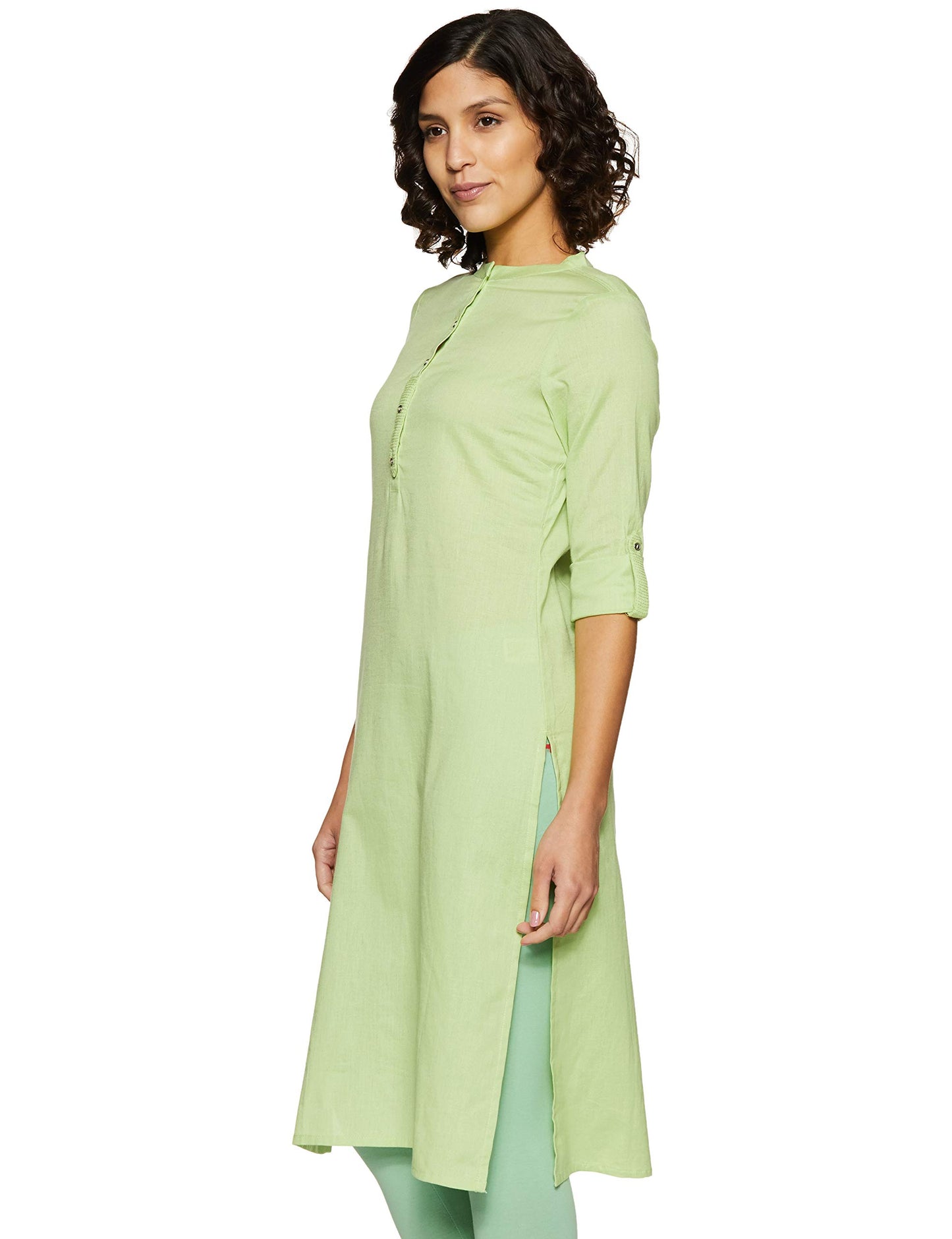 W For Woman Cotton Green Solid Mandarin Collar Straight Kurta_19Few11542-211277_M