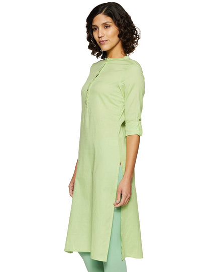 W For Woman Cotton Green Solid Mandarin Collar Straight Kurta_19Few11542-211277_M