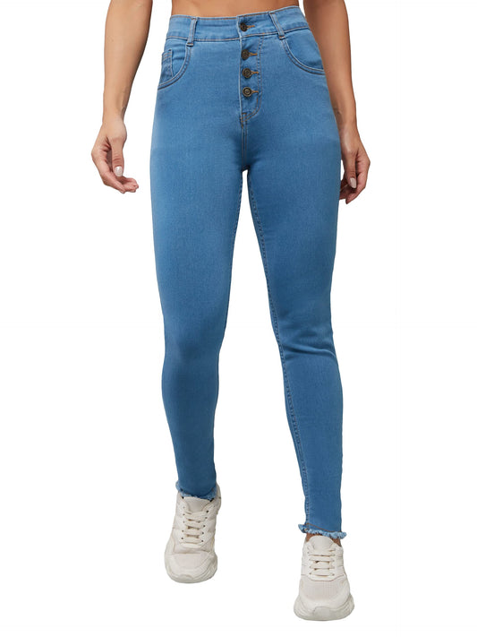 Dolce Crudo Womens Blue Skinny Solid High Rise Clean Look Cropped Fringed Hemline Detailing Stretchable Denim Jeans (DOSS23DEN9