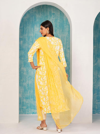 Gosriki WomenS Cotton Blend Straight Printed Kurta With Pant & Dupatta (Mei Yellow-Nb-Gs_Xl_Yellow_X-Large)