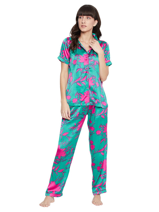 Clovia Satin WomenS Top & Pyjama Set Pajama Set (Ns1212P17S_Green_Small)