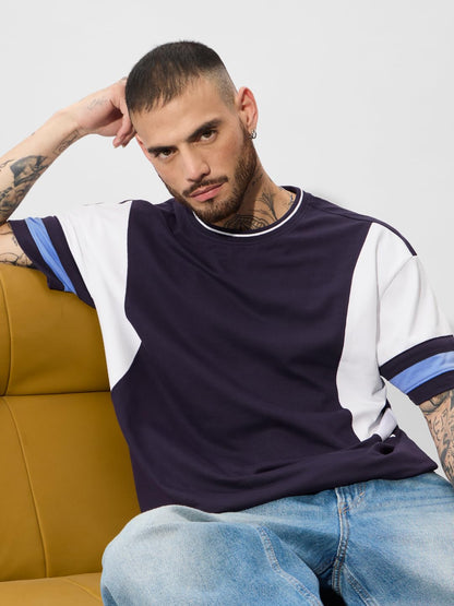 The Souled Store Solids: Deep Navy Oversized T-Shirt for Men Boys Cotton Casual Half Sleeves Baggy Loose Fit Drop Shoulder Round