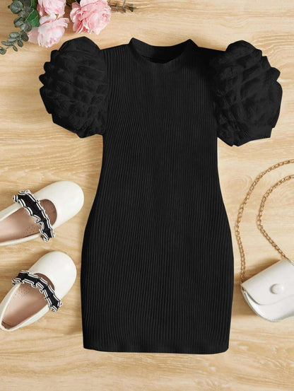TAGAS Young Girl Contrast Dobby Mesh Puff Sleeve Dress || Girls Dress || Party Dress for Girls ||Fency Dress||(GCD)