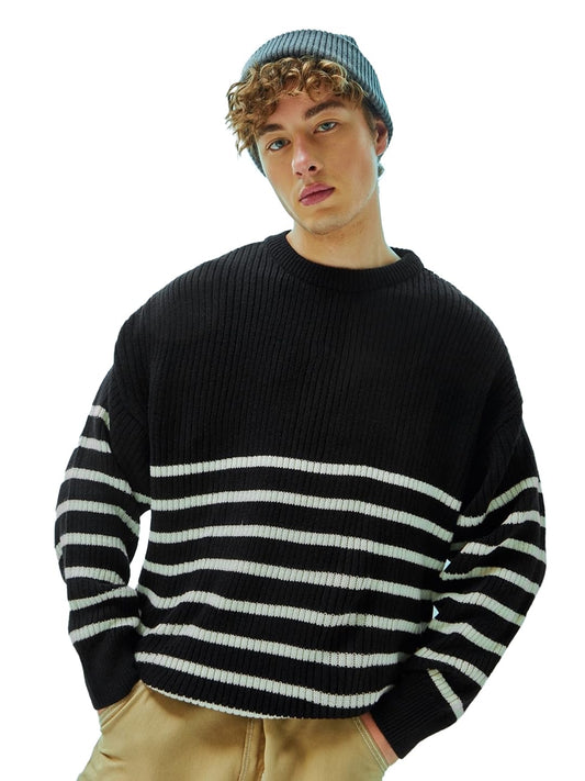 Bewakoof Mens Striped Super Loose Sweater_597243_Black_XL
