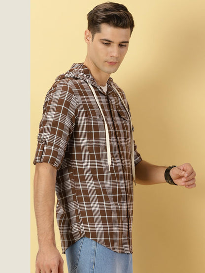 Thomas Scott Tartan Checked 100% Cotton Shirt Hoodie for Mens Brown