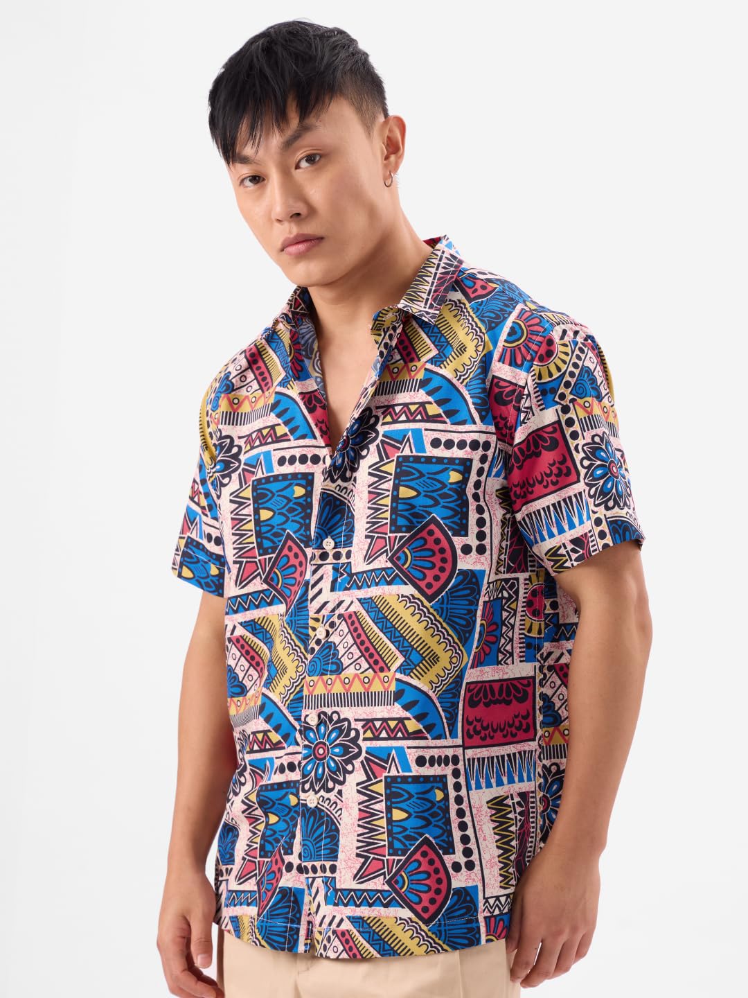 The Souled Store Enigma Men and Boys Short Sleeves Collared Neck Button Front All Over Printed Cotton Holiday Shirts