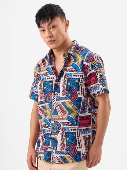 The Souled Store Enigma Men and Boys Short Sleeves Collared Neck Button Front All Over Printed Cotton Holiday Shirts