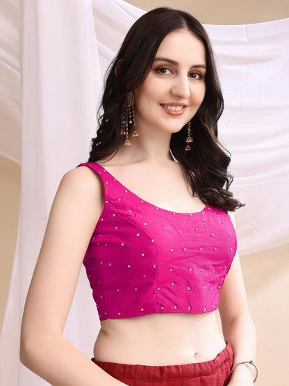 Pujia Mills Womens Square Neck Silk Sleeveless with Stone Work Readymade Blouse