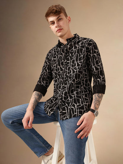 Dennis Lingo Men Black 100% Cotton Full Sleeve Spread Collar Printed Shirts