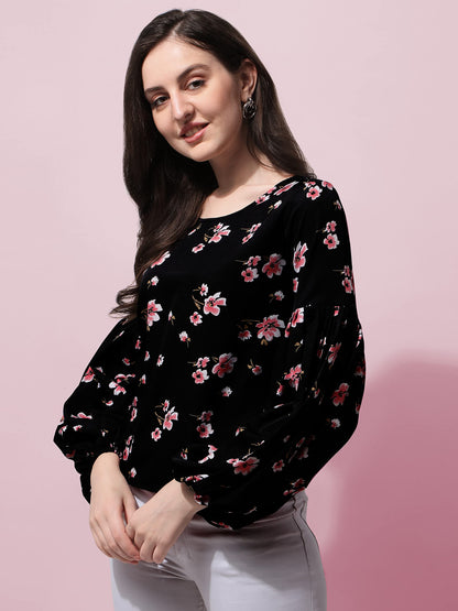 Black Floral Print Blouson Top in Crepe Fabric with Round Neck and Full Sleeve