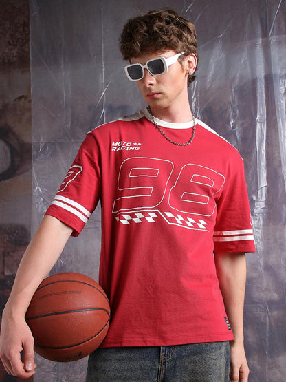 Hubberholme Men Printed Oversized Round Neck Half Sleeves Tshirts 24 Red