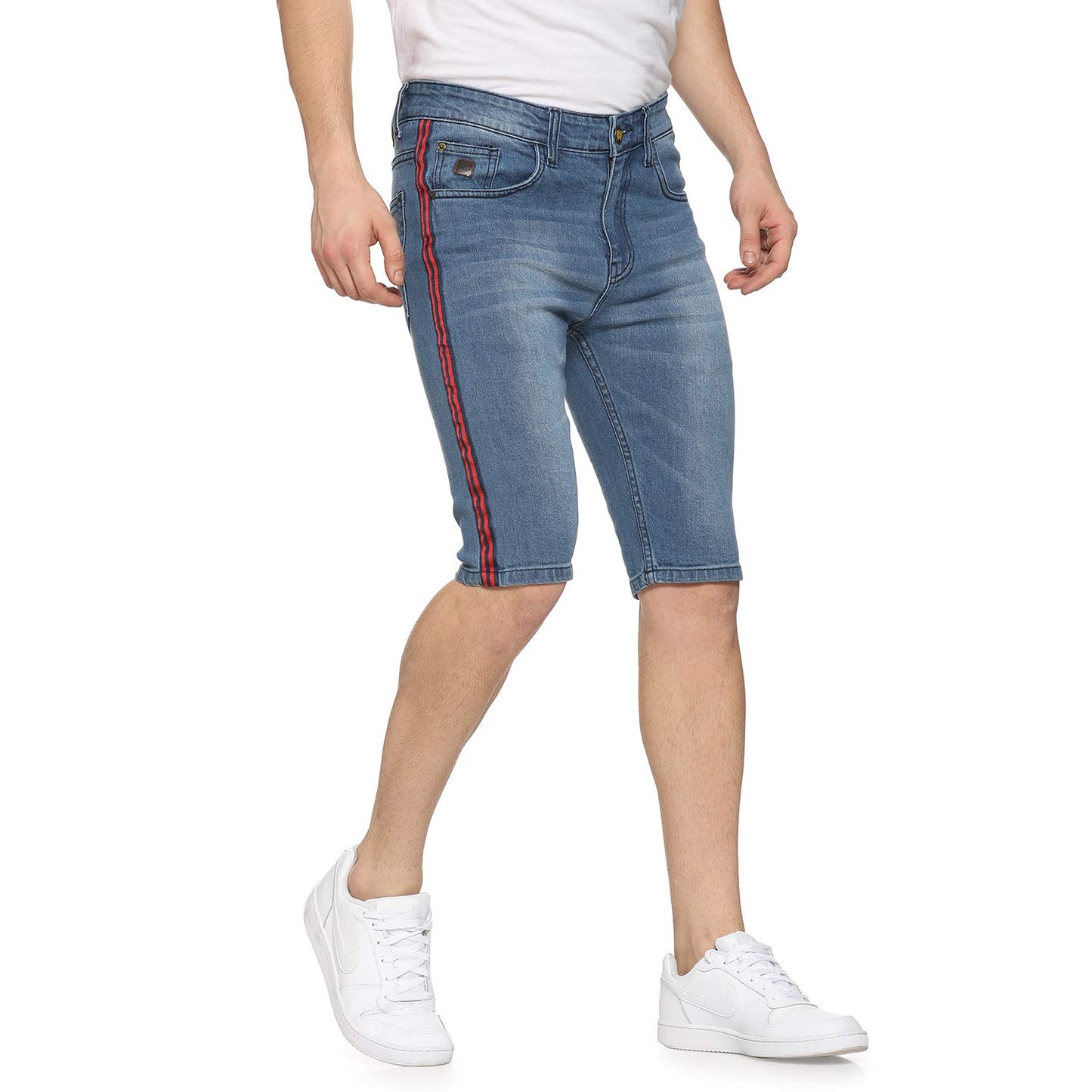 Campus Sutra Mens Classic Blue Light-Washed Distressed Side Striped Regular Fit Denim Shorts | Mid-Rise Stretchable Cotton Denim