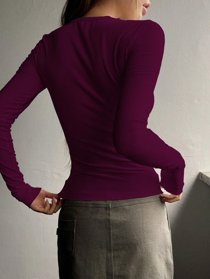 Shasmi Womens & Girls Magenta Long Sleeve Round Neck Solid Color Ruched Workwear Casual Top Half Button Down Henley T-Shirt fo