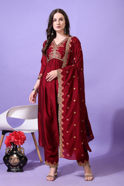 Pratham Blue WomenS Silk Embroidered Anarkali Kurta Palazzos With Dupatta |Kurta Sets For Women |Women Kurta |Women Embroidered