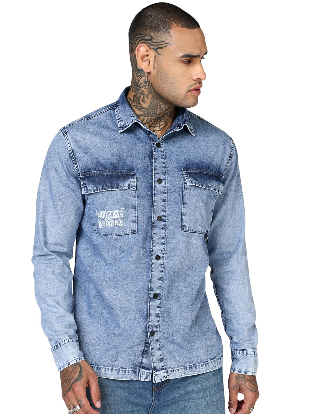 Bewakoof Mens Typography Regular Fit Full Sleeve Collar Pure Cotton Shirt_685274_Blue_XL