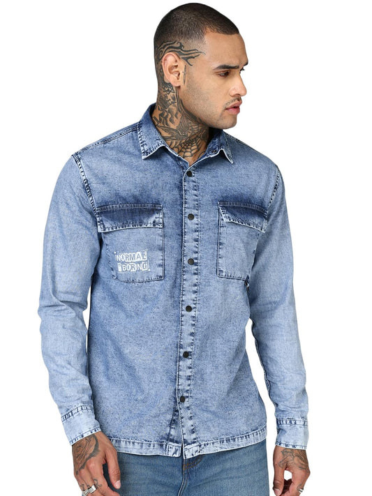 Bewakoof Mens Typography Regular Fit Full Sleeve Collar Pure Cotton Shirt_685274_Blue_XL