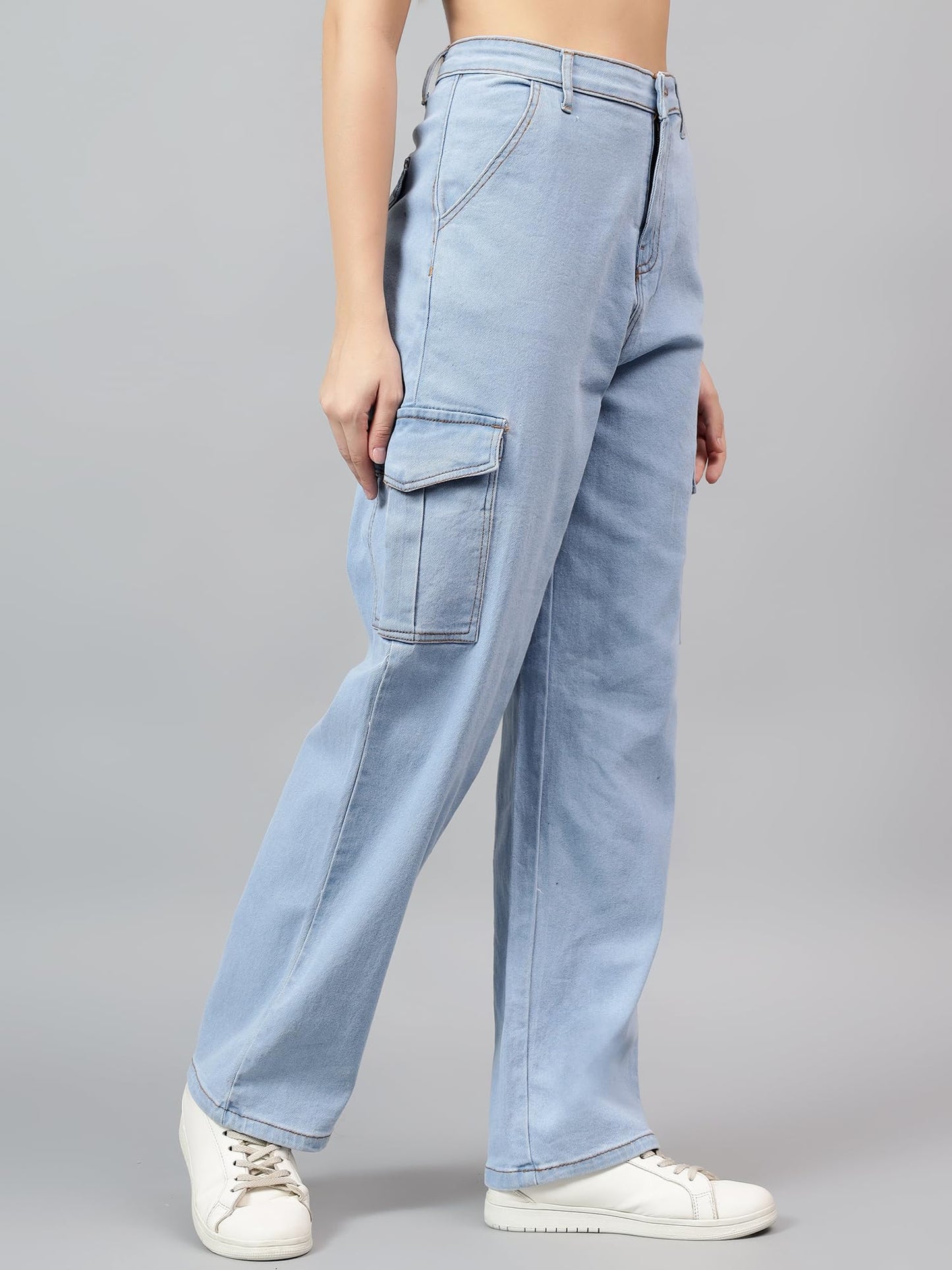 Kotty WomenS High Rise Solid Cotton Blend Stylish Cargo Jeans(Blue,30)